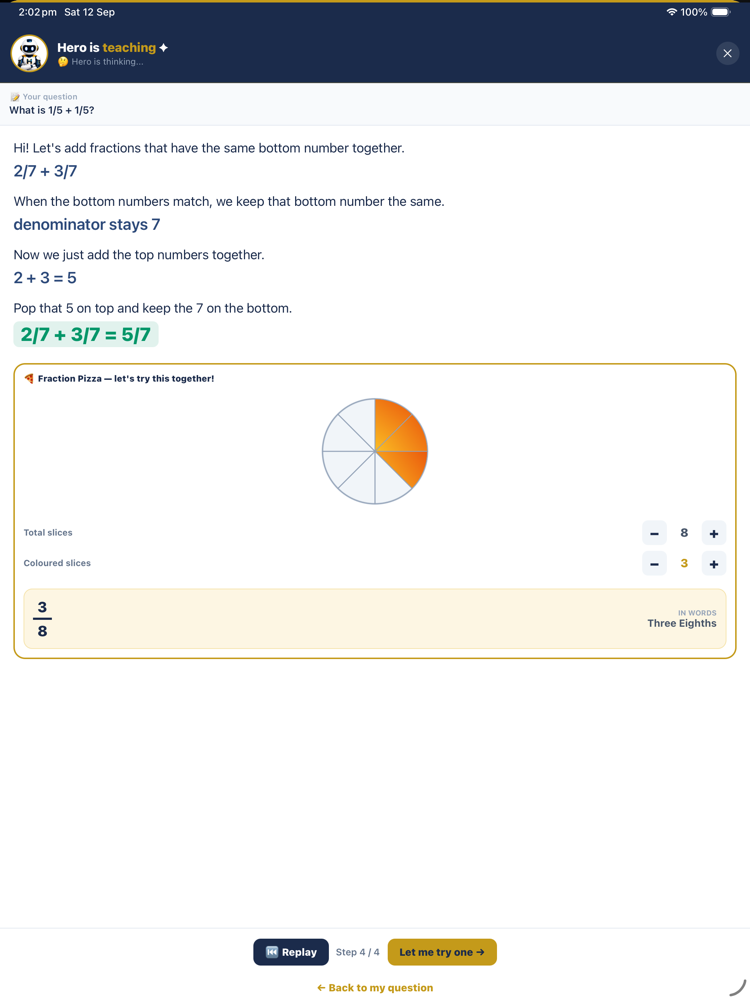 Ask Hero explaining a maths question step by step on iPad
